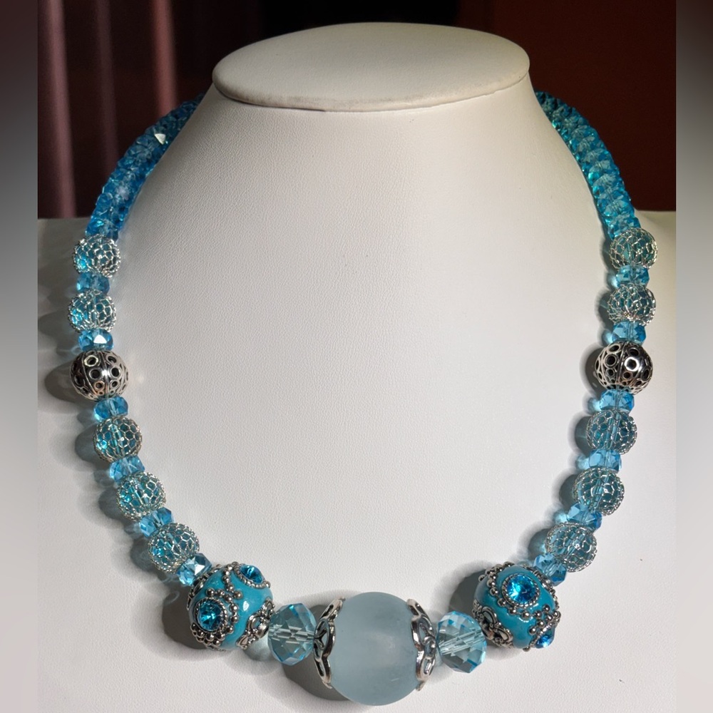 Handmade Blue Crystal Statement Necklace 18 inches